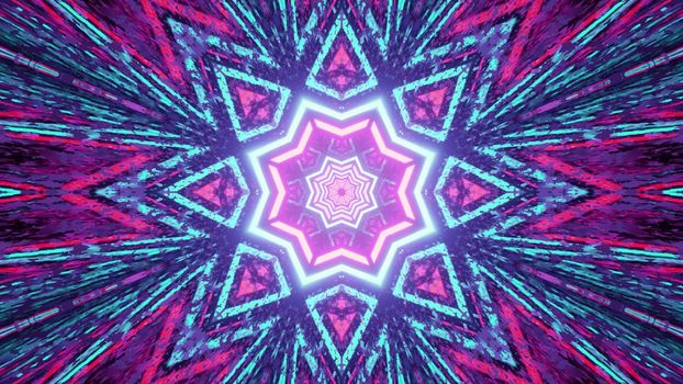 3d illustration vivid abstract background with multicolored glowing neon star and lines forming kaleidoscopic pattern with light reflections