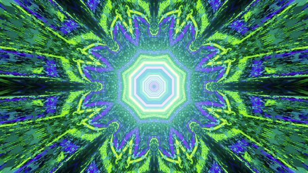 Kaleidoscopic 3d illustration abstract futuristic background with geometric flower pattern in green and blue neon colors and light reflection effect