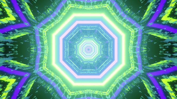 Bright 3d illustration in green and blue neon colors with symmetric octagonal frames and light reflections for abstract futuristic background design