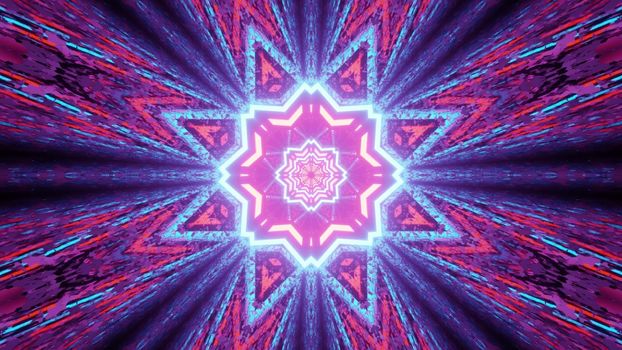3d illustration luminous abstract background with star and flower shapes forming colorful neon pattern with shiny beams