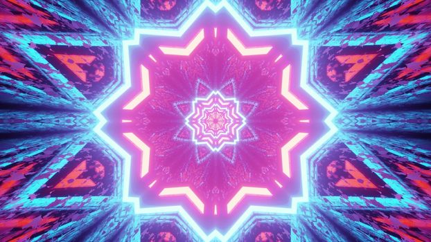3d illustration abstract art background design with gleaming neon lines forming fantastic star shaped ornament in blue and pink shades