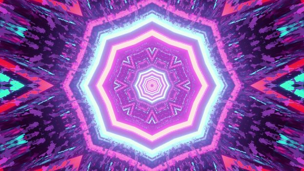 Vivid 3d illustration abstract multicolored geometrical background with glowing octagons and snowflake shaped neon pattern with light traces