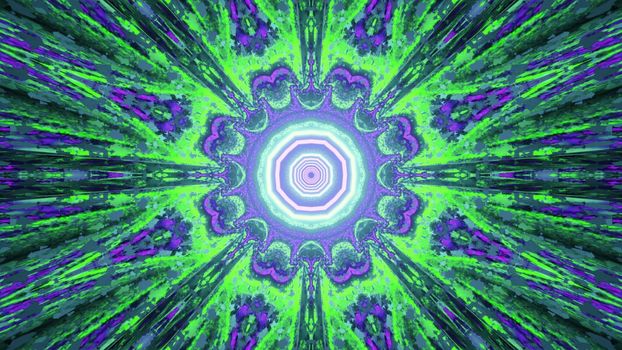 Bright green and blue neon colored 3d illustration with abstract geometric flower pattern and shining beams for futuristic design