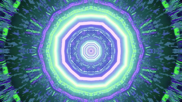 3d illustration of circular tunnel wit geometric pattern of colorful neon lines as abstract futuristic background design