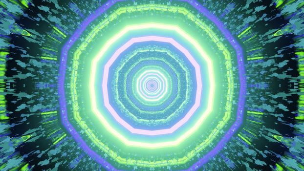 3D illustration of symmetric circular pattern with bright neon lamps glowing in swirling tunnel
