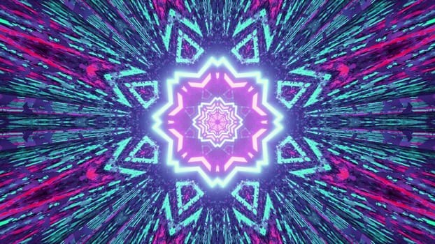3D illustration of kaleidoscope pattern with bright colors shining with symmetric rays as abstract background