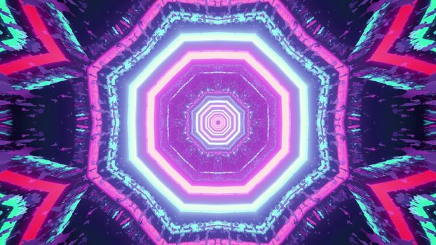 Colorful kaleidoscopic lines forming symmetric abstract pattern glowing in dark tunnel in 3D illustration