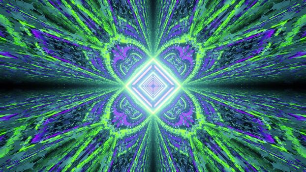 3D illustration of creative graphic floral pattern with glowing rhombus in middle as abstract background