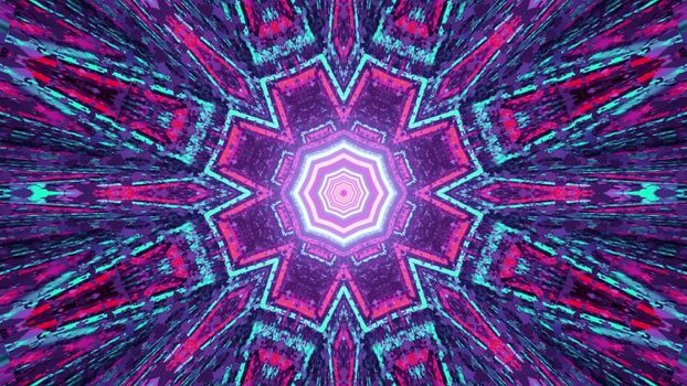 3D illustration of multicolored graphic kaleidoscope pattern with symmetric geometric shapes as abstract background