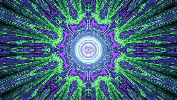 Abstract bright neon illumination forming fractal kaleidoscope pattern with symmetric rays as background in 3D illustration