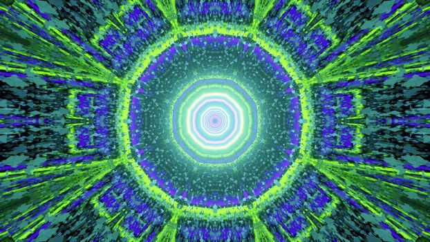 3D illustration of circular futuristic pattern with neon lights and symmetric rays glowing in tunnel
