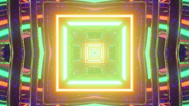 3D illustration of square shaped patter with bright colorful neon illumination reflecting in glowing lines as abstract background