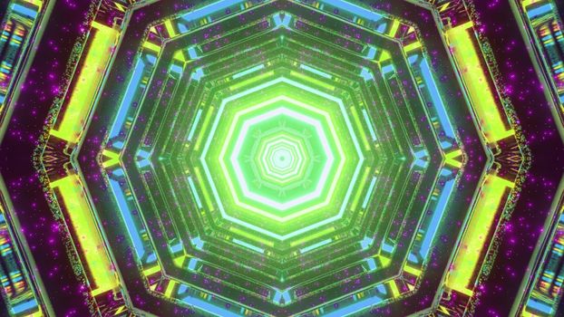 3D illustration of illuminated hexagon shaped tunnel with bright colorful neon lights as abstract background