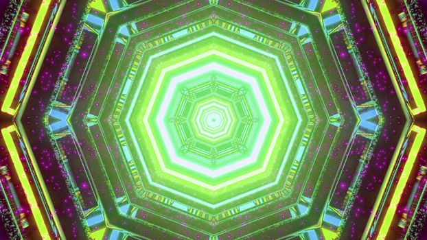 3D illustration of abstract labyrinth with hexagon shaped colorful neon lights as background