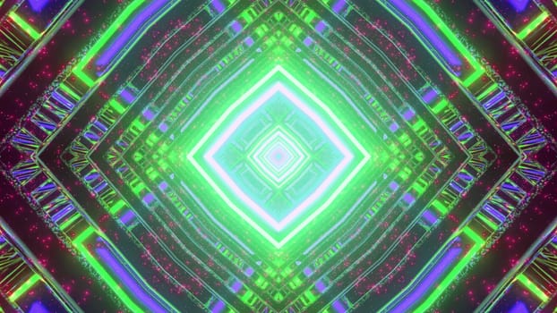 3D illustration of rhombus shaped futuristic labyrinth with vibrant neon lights as abstract background