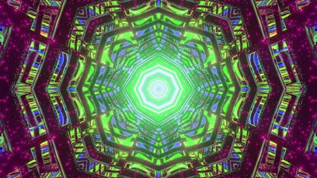 3D illustration of endless tunnel with bright colorful neon illumination reflecting in walls as abstract background