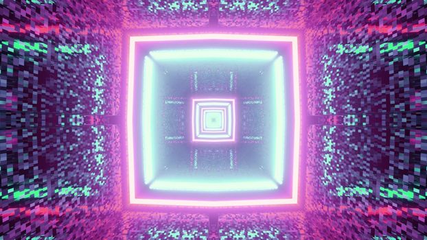 3d illustration of square shaped virtual tunnel in bright pink and blue neon rays with light reflections for abstract sci fi background design