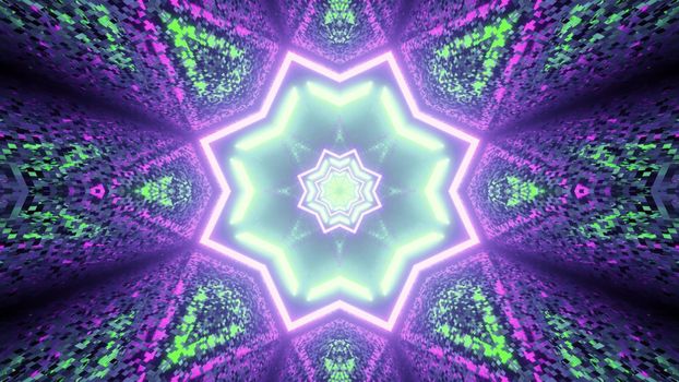 3d illustration of abstract background of flower shaped sci fi corridor with vibrant green and purple lights