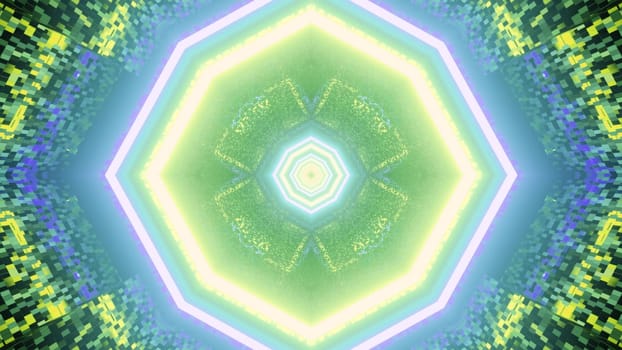 Abstract 3D illustration of octagonal shaped symmetrical decor with bright green and blue lights