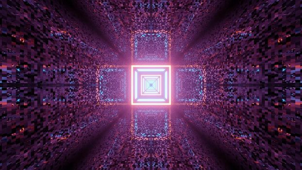 3D illustration of creative geometric cross shaped pattern glowing in dark tunnel with colorful tiled walls as abstract background