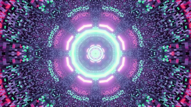 3d illustration of abstract geometrical background of sci fi tunnel illuminated by blue and pink neon colors