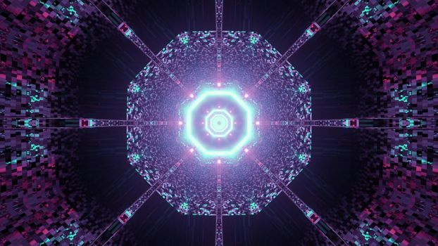 3d illustration of abstract background of round shaped sci fi tunnel with reflection of pink and blue neon lights
