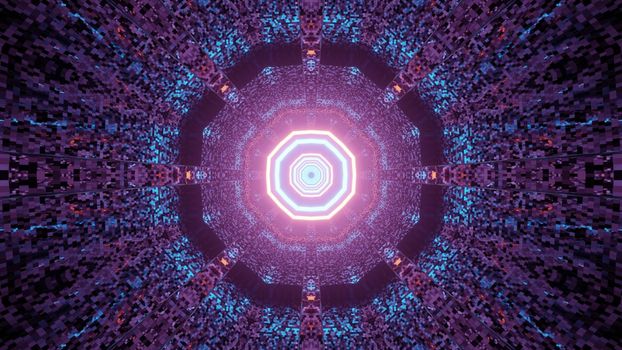 3d illustration of abstract background of neon endless tunnel in shape of circle with glowing red and blue lights