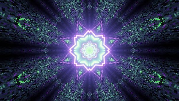3d illustration of abstract geometrical background of futuristic tunnel with glowing purple and green lights