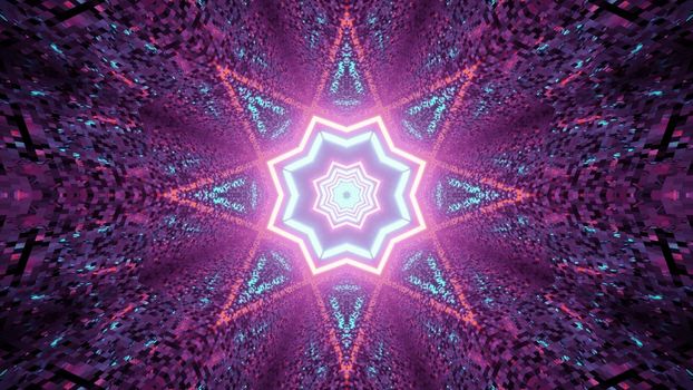 3d illustration of abstract background of sci fi tunnel with geometric shapes illuminated by blue and pink lights