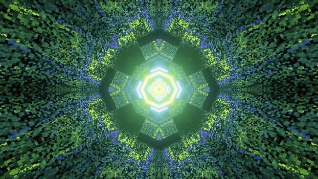 3D illustration of graphic mosaic pattern with abstract kaleidoscope ornament decorated with neon lights