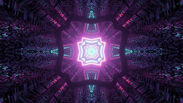3D illustration of creative geometric pattern with neon light reflecting in tiled walls of dark tunnel