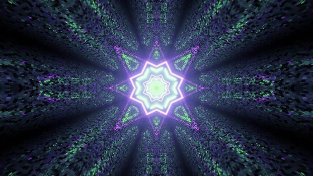 3D illustration of creative star shaped ornamental pattern with colorful neon light reflecting in tiled surface in darkness