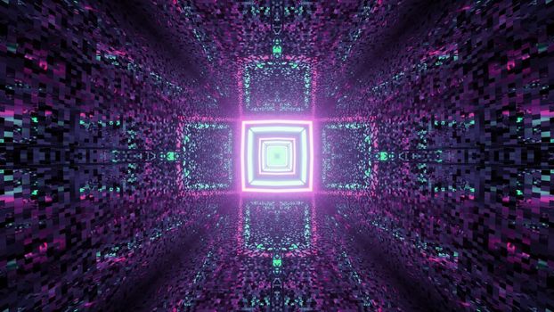 3D illustration of dark tunnel with tiled walls and geometric lines with neon lights forming cross shaped pattern