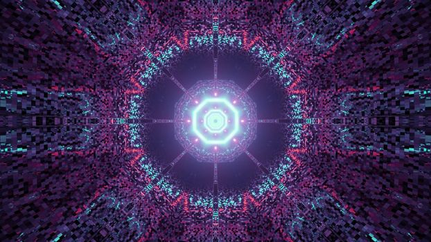 3d illustration of symmetric polygonal kaleidoscopic abstraction of sci fi tunnel with glowing neon illumination and light reflections