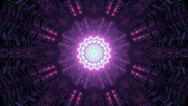 3d illustration with bright geometric flower shape and blinking beams creating abstraction of fantastic tunnel in neon illumination for futuristic designs