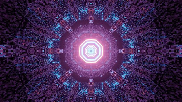 3d illustration perspective view through futuristic sci fi tunnel of octagonal shape with luminous neon lines and diffused colors for abstract background design