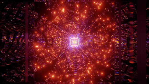 Bright red neon lights glowing and forming abstract ornament around distant square tunnel