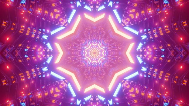 Colorful 3D illustration of star shaped futuristic ornament glowing with neon light and forming symmetric tunnel