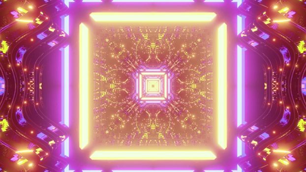 Geometric 3D illustration of symmetric square shaped tunnel illuminated with colorful neon lights