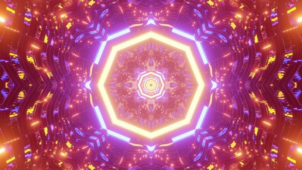 Geometric 3D illustration of symmetric octagon shaped tunnel shining with colorful neon lights
