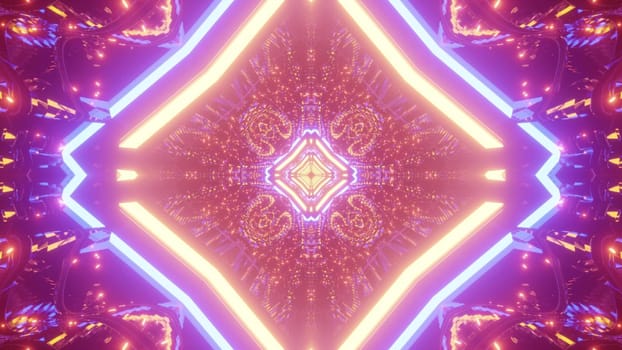 Symmetric 3D illustration of bright rhombus shaped tunnel with abstract ornament shimmering with colorful neon lights