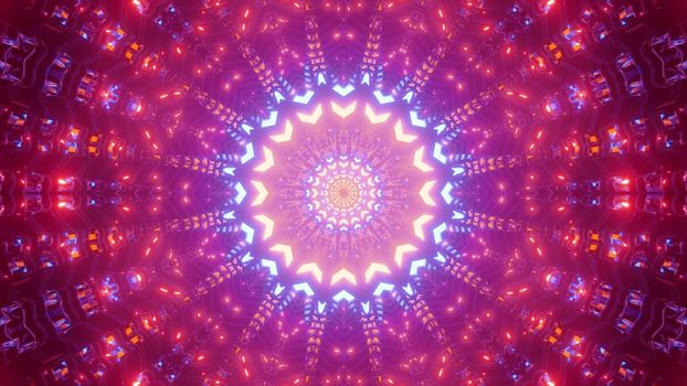 Bright 3D illustration of colorful neon lights glowing and forming circular abstract ornament
