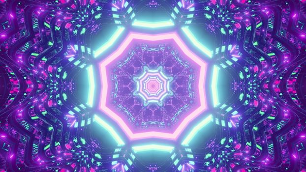 Symmetric 3D illustration of bright blue and violet neon lines forming octagon tunnel and repetitive abstract ornament