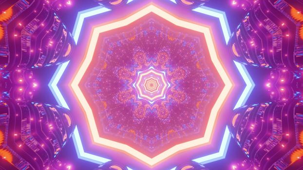 3D illustration of bright octagon shaped tunnel with fractal ornament shining with colorful neon illumination