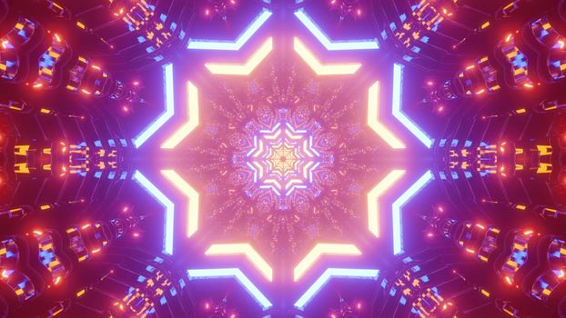 Vivid 3D illustration of colorful neon lights shimmering and forming star shaped ornament inside abstract futuristic tunnel