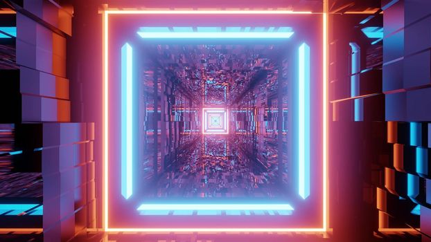 Abstract 3D illustration of colorful square tunnel with distorted ornament on walls glowing with neon lights