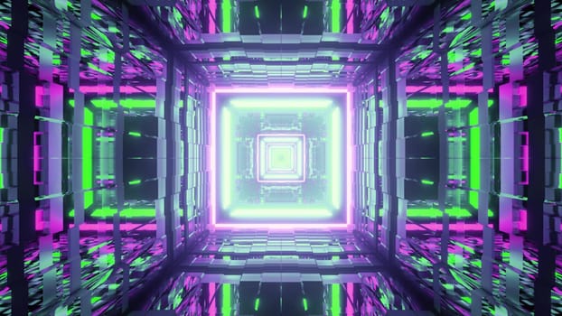 3D illustration of colorful geometric tunnel with square ornament and reflective glass walls shining with neon light