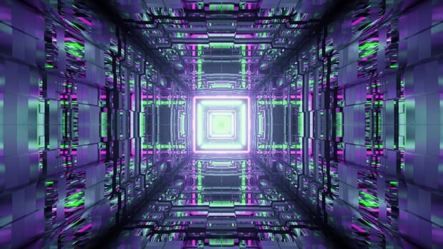 Geometric 3D illustration of bright neon tunnel with distorted ornament on reflective glass walls