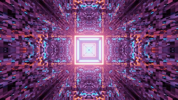 Symmetric 3D illustration of abstract colorful tunnel with square neon ornament and distorted walls