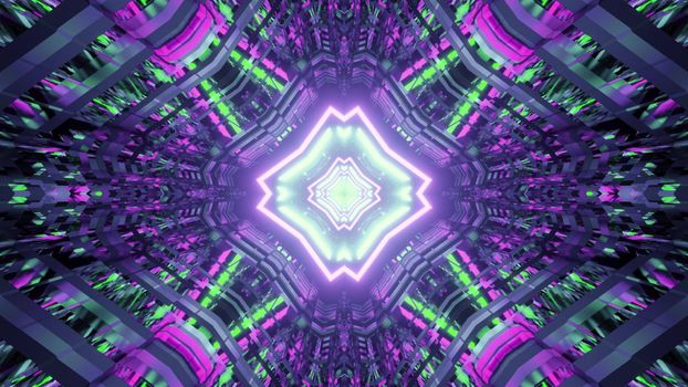 Abstract 3D illustration of colorful futuristic tunnel with geometric distorted ornament and neon lights